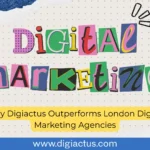 Illustration of a UK business owner comparing a London digital marketing agency with Digiactus, highlighting cost efficiency and strategic benefits.