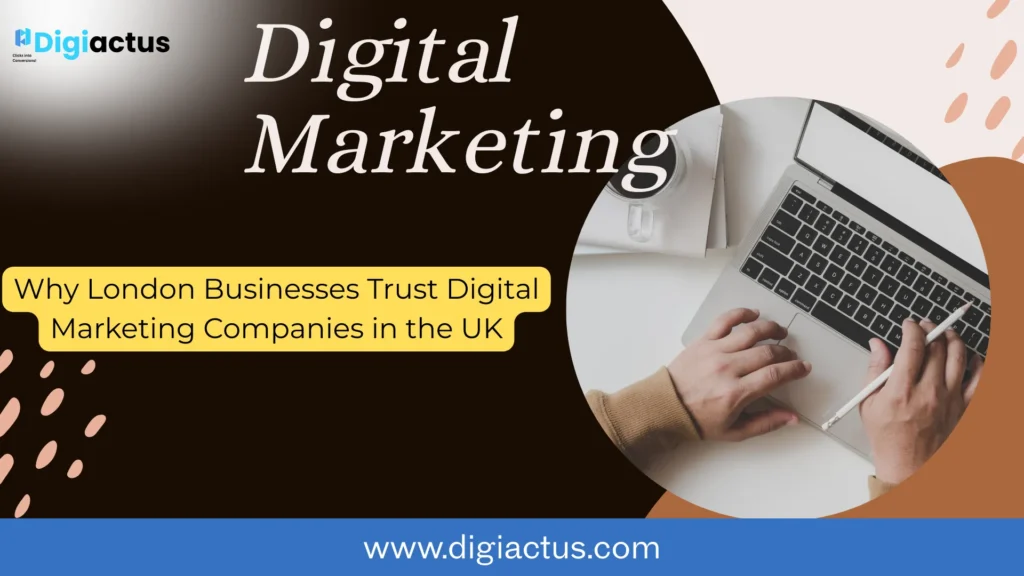 A business team in London reviewing digital marketing analytics on laptops and screens.