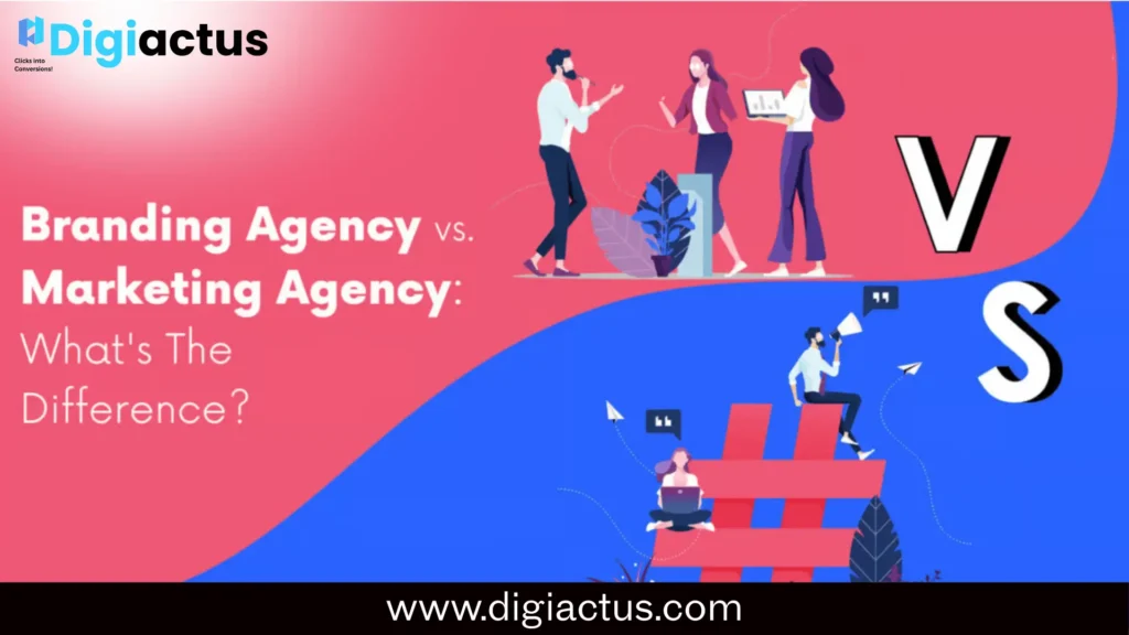 Illustration comparing the roles of a strategic branding agency and a marketing agency in business growth