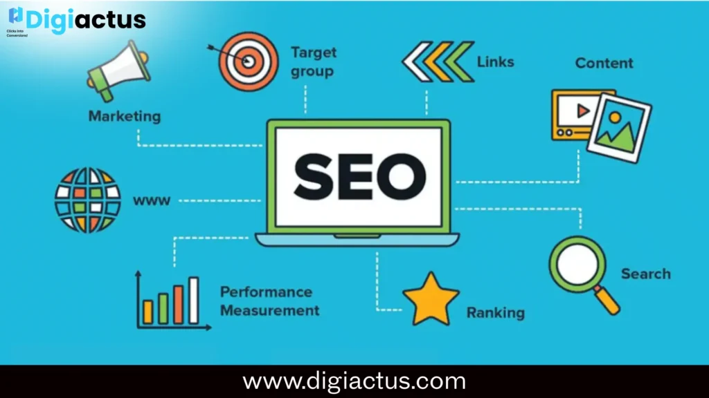 Visual representation of SEO optimization strategies used by SEO agencies to improve website rankings for UK brands.