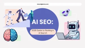 Illustration showing AI analyzing website content and ranking it in search results